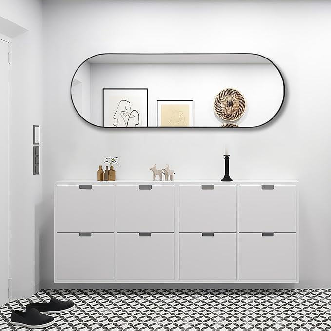Niccy 48"×16" Oval Full Length Mirror, Long Oval Mirror with Unique Metal Frame Large Explosion-Proof Hanging Mirror for Living Room, Decorative Vanity Mirror for Bathroom, Bedroom, Black