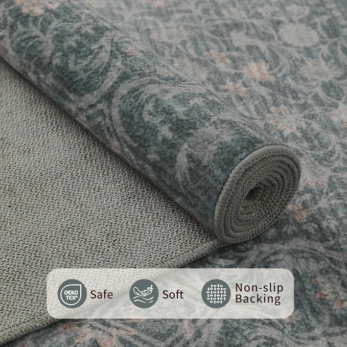 Rugxara 6x9 Washable Area Rug for Living Room, Vintage Large Boho Rugs for Office, Dining Room, Kids Room, Farmhouse, Durable Low Pile Non Slip Carpet for High Traffic Areas, Soft Blue