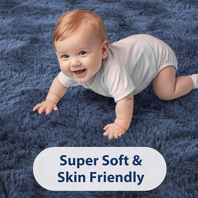 FinRèc Dark Blue Rug for Bedroom Living Room, 5x8 Feet High Pile Plush Area Rug, Non-Slip Soft Fluffy Carpet for Nursery Kids Room Dorm Room Home Decor, Indoor Fuzzy Floor Rugs