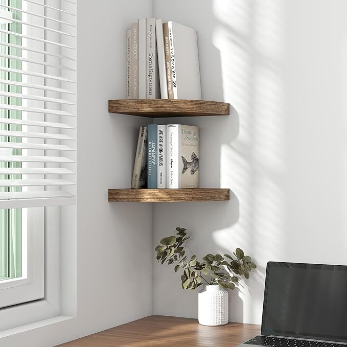 Fun Memories Floating Corner Shelves Set of 2 - Rustic Wood Wall Mounted Storage and Display Shelves for Living Room, Bedroom, Kitchen, Bathroom - Space Saving Home Decor, Walnut