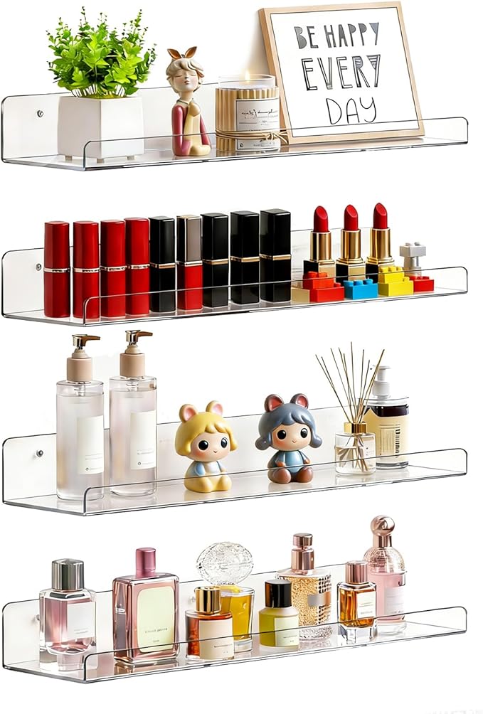 Acrylic Floating Shelves, 15.7 Inch Clear Wall Mounted Display Ledge, Invisible Bookshelf for Nursery, Makeup Organizer, Vinyl Records, 2-16 Pack (6)