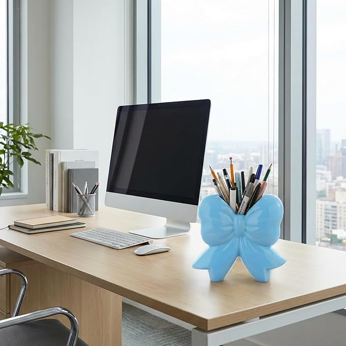 Jingmore Bow Vase Coquette Ceramic Vase Pen Holder Makeup Brush Holder Contemporary Design Decorative Women Gift for Christmas Home Office Shelf Table Room(Blue,Small,Classic)