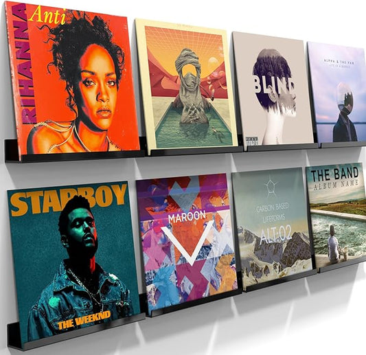 ILYXY Acrylic Vinyl Record Holder Wall Mount – 8 Pack 12-Inch Floating Vinyl Shelves, Black Record Display Frames for LP Albums & Wall Decor