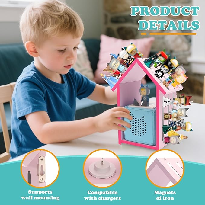 for Tonies Box Shelf Magnetic House Storage Shelf, Compatible with Tonie Box 1/2 Player Character Tonies Figures Characters for Children Room, Wall-Mounted and Desktop Placement (Pink)