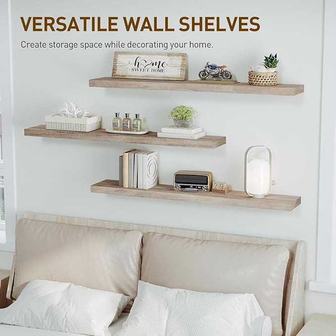 RALGEND Floating Shelves for Wall, 1.5" Thick Wall Shelf Set of 3 with Invisible Brackets, L47.2 x W7.9 Hanging Book Shelves Farmhouse Home Decor for Bathroom, Living Room, Bedroom, Greige 12301BJP3BG