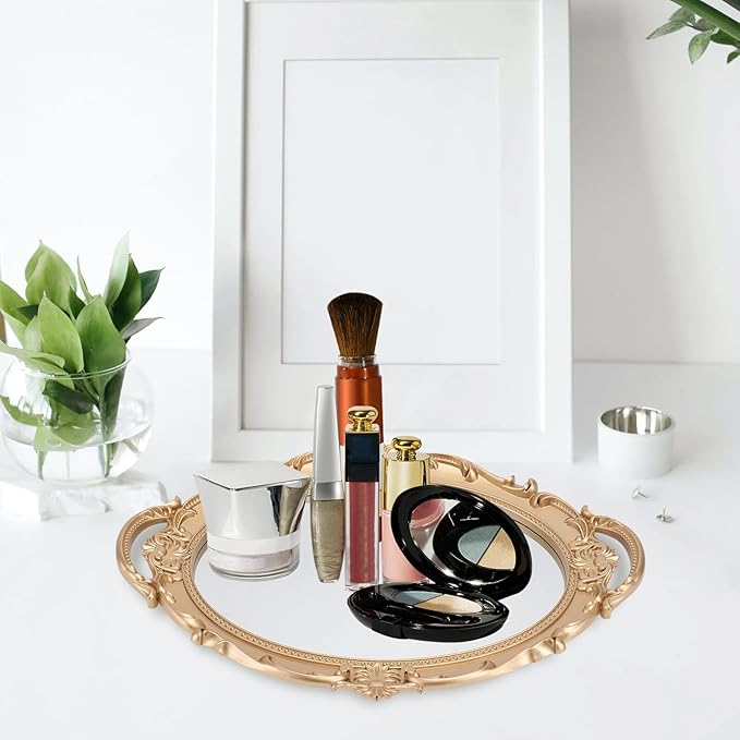 Retro European Style Mirror Tray Perfume Storage Plate Decorative Makeup Organizer Elliptical Gold Background Mirror for Home Décor and Photography Props