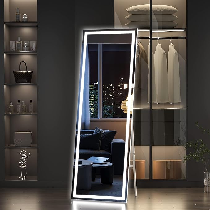 Hasipu Full Length Mirror with Lights, 56" x 15.8" LED Floor, Full Body Dressing Standing, Hanging Mounted Mirror, Square Black