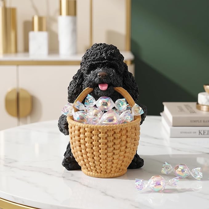 Black Poodle Candy Bowl, Resin Dog Figurine Key Bowl for Entryway Table, Desktop Storage Basket Organizer for Desk, Unique Dog Lover Gift