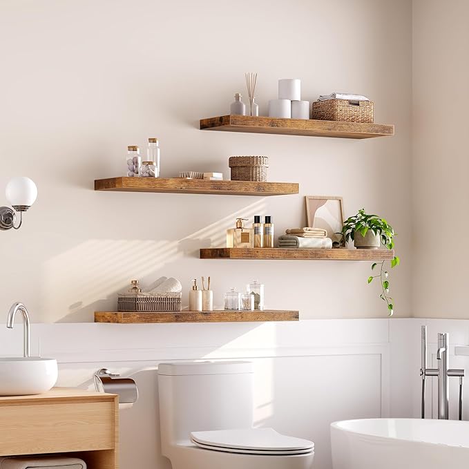 RALGEND Floating Shelves for Wall, 31.5" Long Wall Shelf Set of 4 with Invisible Brackets, 1.5" Thick Hanging Shelves Farmhouse Home Decor for Bathroom, Living Room, Bedroom, Rustic Brown 8301BJP4BF
