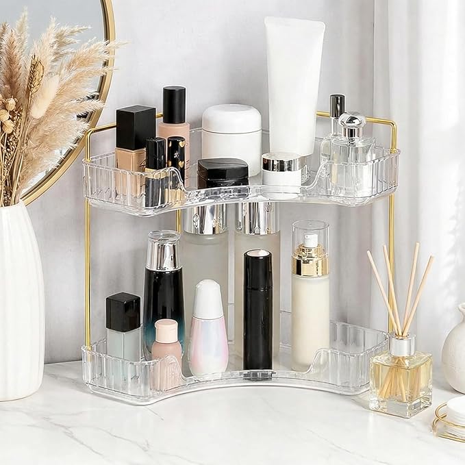Multi-Tier Corner Countertop Organizer Rack, 90° Space-Saving Bathroom Makeup Organizer Countertop, Tool Free Acrylic Storage Rack for Bathroom, Vanity, Dresser, Makeup, Cosmetics (White-2-tier)