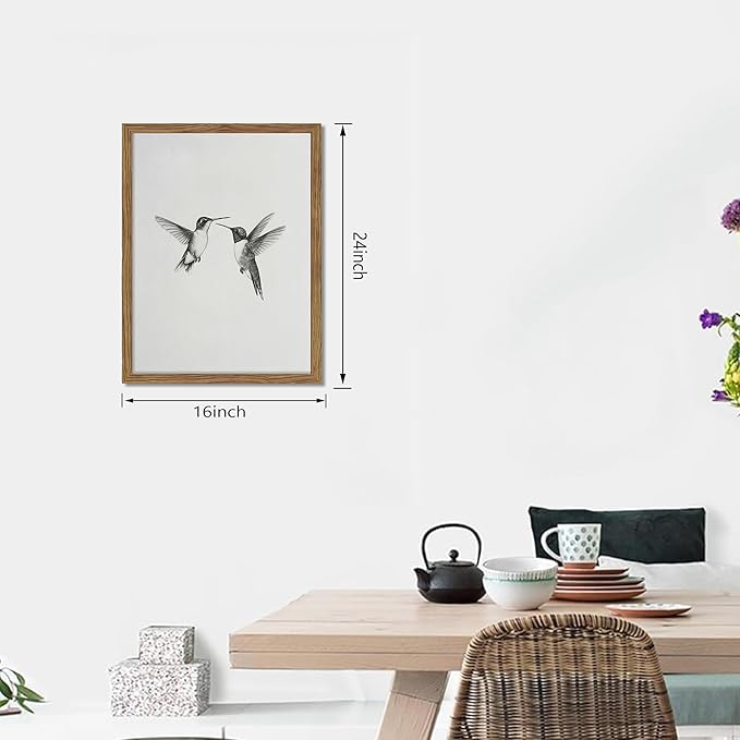 Vintage Wall Art Framed Hummingbird Canvas Print, Modern Farmhouse Birds Wall Decor, Living Room Sketch Painting Picture, Minimalist Black and White Bird Bedroom Decor – 16x24 inch