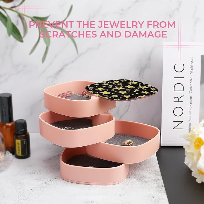 Earring Storage Box Organizer Jewelry Box Holder for Women 4-Layer Rotating Travel Jewelry Case (Black And Gold Stars Printed)