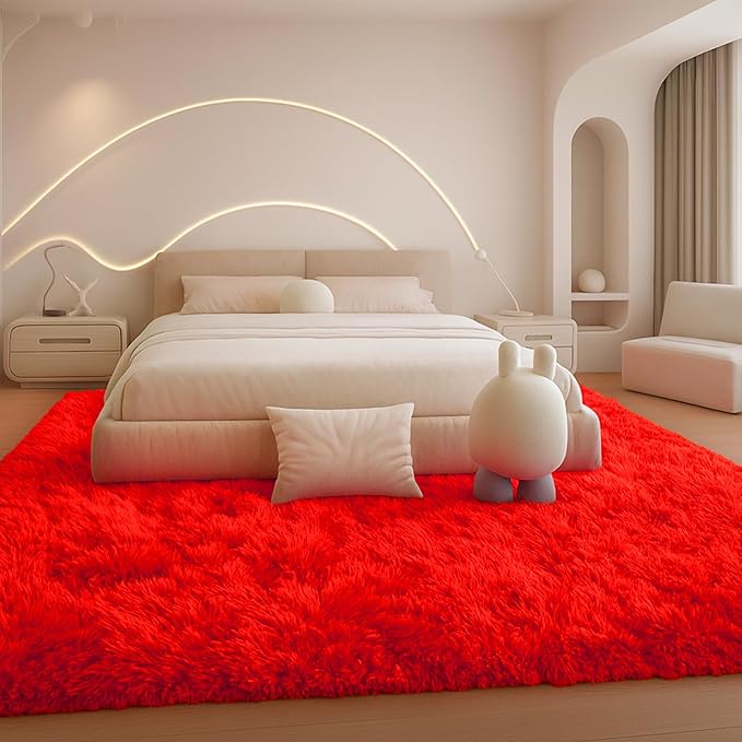 8x10 Area Rugs Living Room, Large Plush Fluffy Bedroom Carpet, Non-Slip Upgraded Indoor Thick Soft Rug, Modern Plush Carpet Suitable for Kids Home Decor Aesthetics Dorm, Red.
