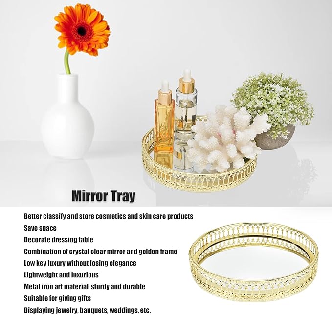 Gold Mirror Makeup Tray, Mirrored Vanity Tray Round Metal Vanity Counter Organizer for Bathroom Counter Home Decor