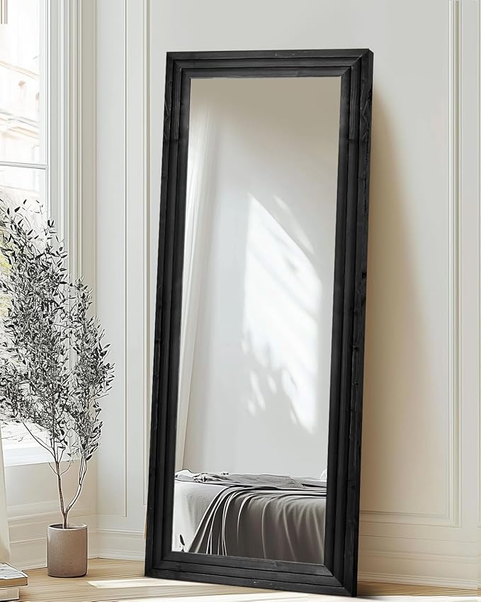 Full Length Mirror 65"x24" Solid Wood Frame Floor Large Mirror for Living Room, Bedroom Hanging or Leaning Wall-Mounted, Black