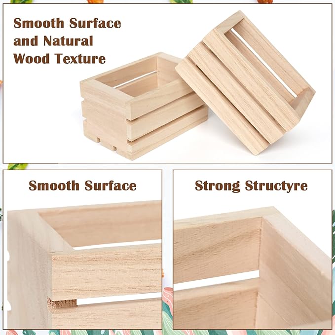 4 Pack Mini Rustic Wooden Crates, Decorative Wood Crates Unfinished Wood Box, Crate Box Wooden Storage Box for Kitchen, Office, Bedroom, Closet, Rustic Country Decor