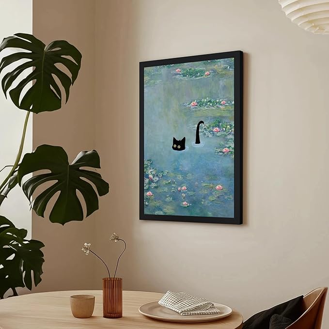 Fantasy Artists Monet Water Lilies Cat Wall Art, Framed Vintage Canvas Art Wall Decor, Funny Black Cat Posters Prints for Bathroom Bedroom Living Room Home Office Decorations 20" Wide X 30" Height