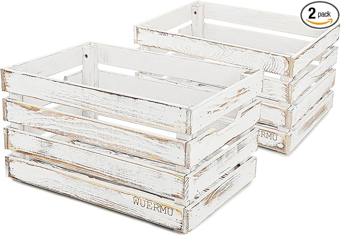 White Wooden Crates are Suitable for Storage, Milk Crates, Wine Crates, Festival Decorations, Camping, and Other Multi-Purpose. They are Sturdy and Durable, set of 2 Length of 17.7 inches.