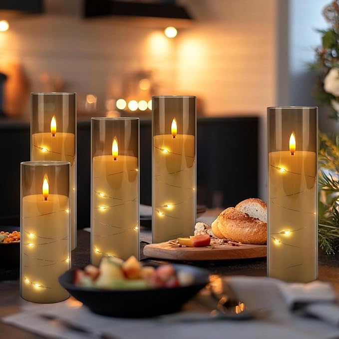 12-Pack Gray Acrylic Flameless LED Candles with Embedded String Lights - Remote Control for Holiday & Home Decor,Wedding.