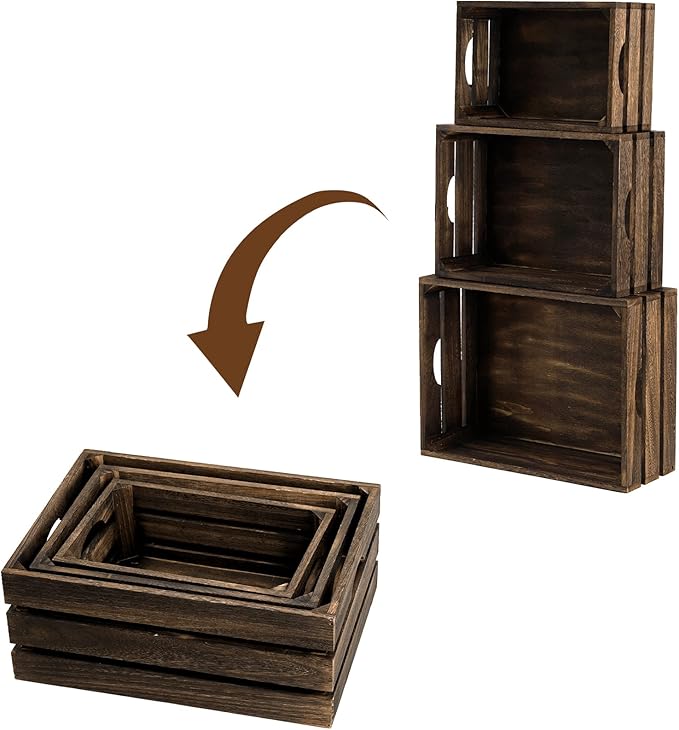 ZOOFOX Set of 3 Nesting Wooden Crates, Rustic Wood Basket with Handles, Decorative Farmhouse Wooden Storage Container Boxes for Party, Office, Bedroom, Kitchen and Closet