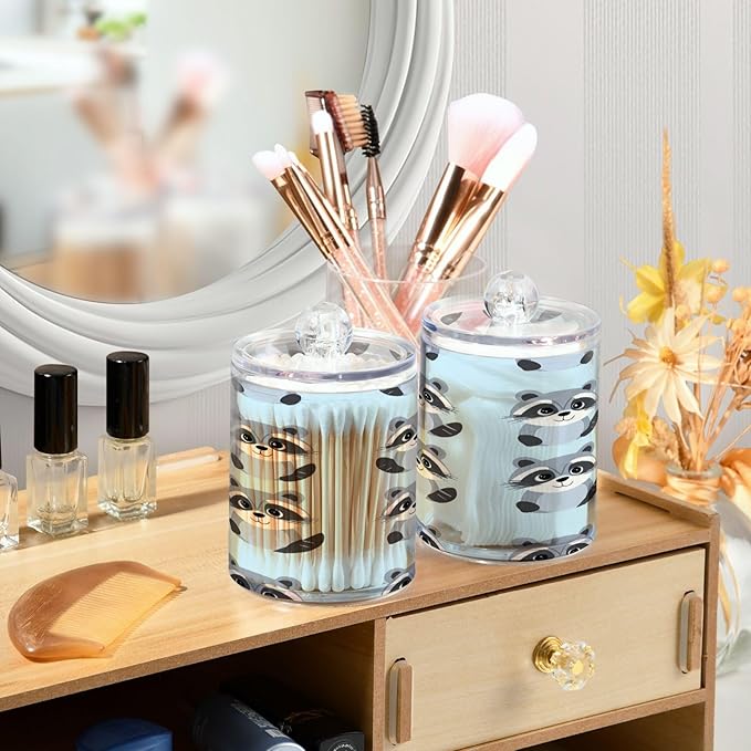 Nander 4Pack Cute Cartoon Raccoon Qtip Holder Dispenser -Clear Plastic Apothecary Jars Set - Restroom Bathroom Makeup Organizers Containers for Cotton Swab, Ball, Pads, Floss