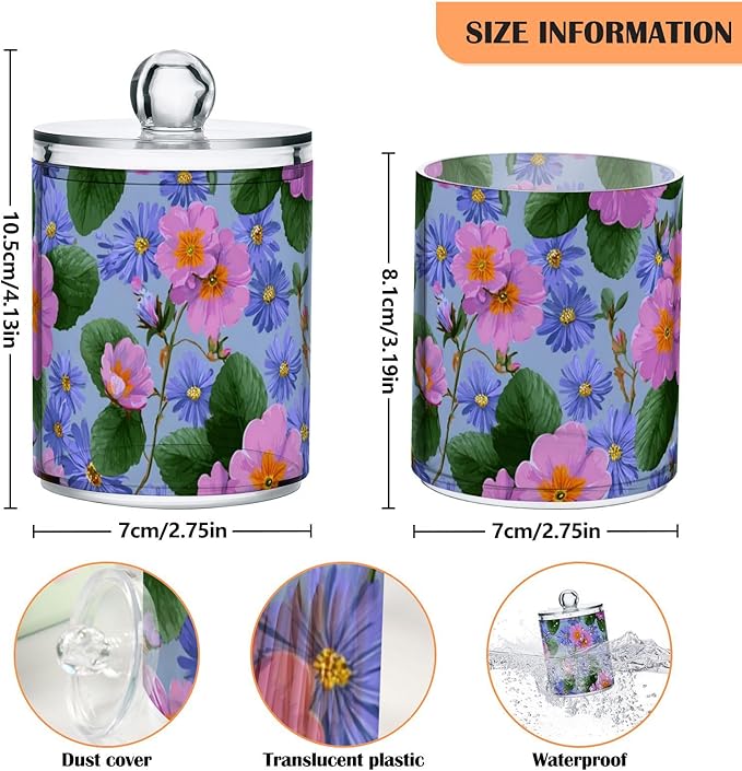 2 Pack Apothecary Jars Artistic Primrose Aster Pattern Bathroom Vanity Storage Organizer Set,Small Clear Plastic Storage Jars Bathroom Canister for Cotton Swabs, Rounds, Balls, Qtips,Makeup Spo