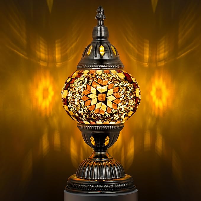 Marrakech Turkish Table Lamp with Bronze Base，Handmade Yellow Moroccan Tiffany Style Mosaic Glass Night Stand Light Fixture Including LED Bulb for Living Room Bedroom Decor (Yellow)