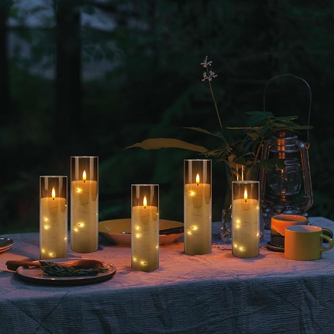 12-Pack Gray Acrylic Flameless LED Candles with Embedded String Lights - Remote Control for Holiday & Home Decor,Wedding.