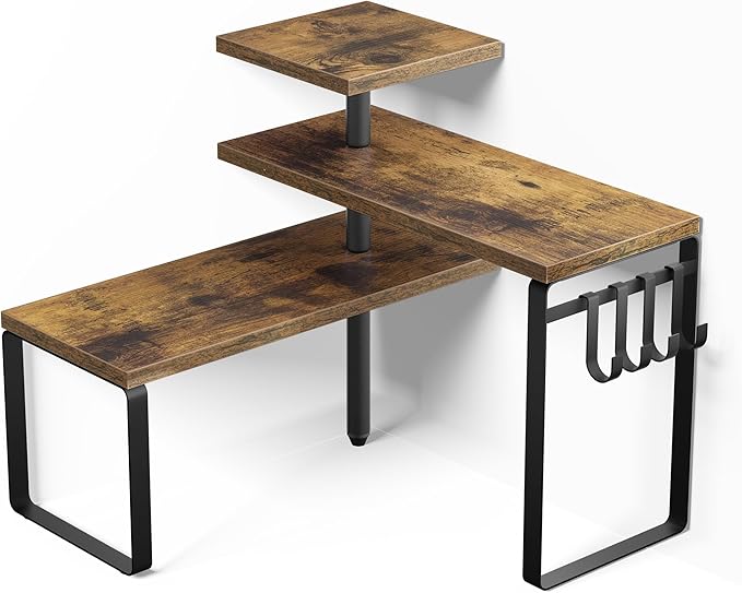 Alsonerbay Countertop Organizer Organization,3 Tier Corner Shelf for Kitchen Counter with Hooks for Coffee Area, Bathroom, Over Sink, Dresser Table (Rustic Brown)