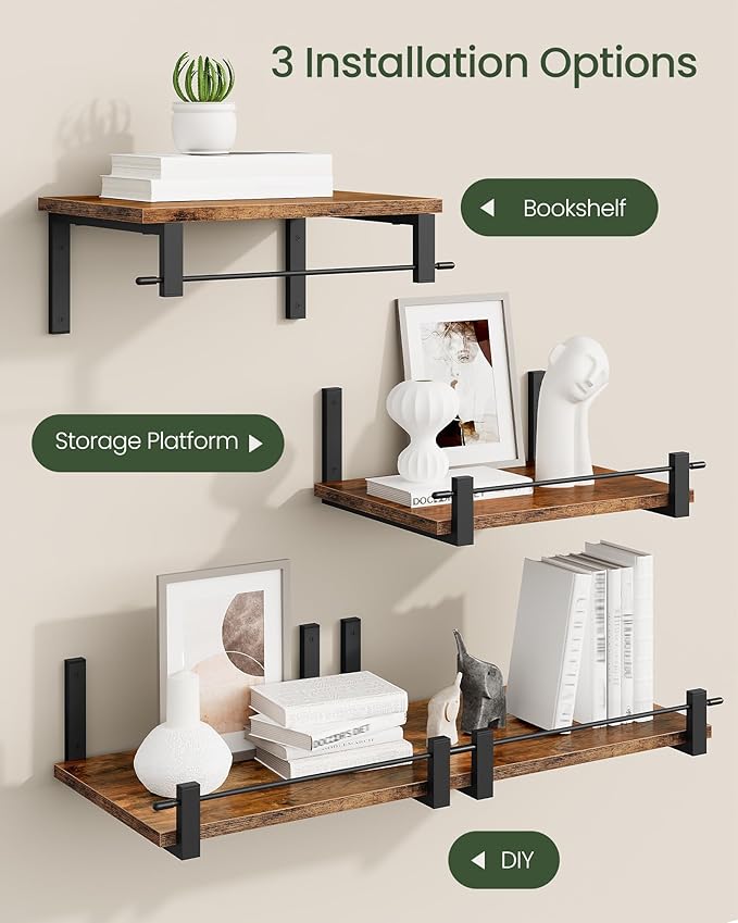 CHOEZON Deep Floating Shelves for Wall, 12 inch Wall Mounted Shelves Set of 2, Wide Floating Shelves for Living Room, Bedroom, Study, Bathroom, Rustic Brown and Black TBJ02P2BF