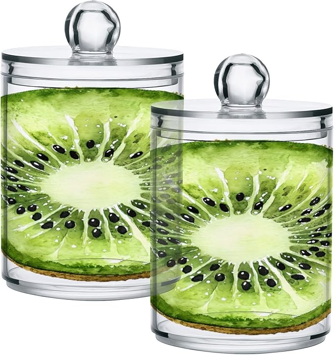 Nander 4Pack Fresh Kiwis Qtip Holder Dispenser -Clear Plastic Apothecary Jars Set - Restroom Bathroom Makeup Organizers Containers for Cotton Swab, Ball, Pads, Floss