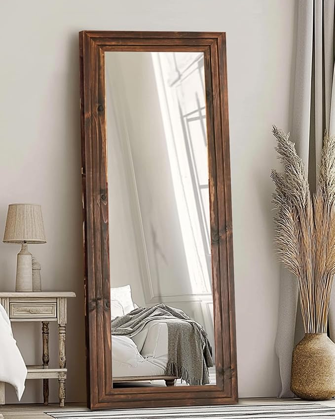 Full Length Mirror 65"x22" with Stand Solid Wood Frame Floor Large Mirror for Living Room, Bedroom Hanging Standing or Leaning Wall-Mounted, Brown