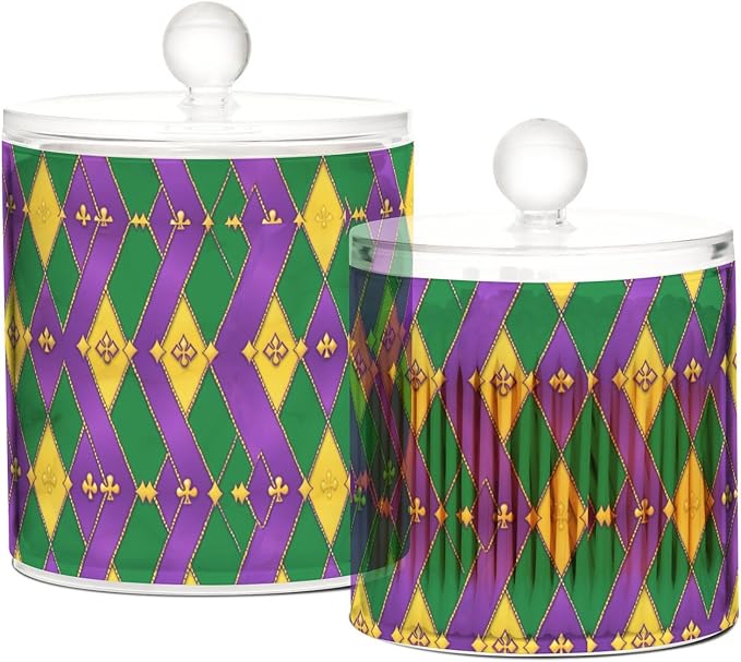 Mardi Gras Purple Green Yellow Diamonds Clear Plastic Makeup Organizer Storage with lid Office Essentials Decorative Dental floss storage jar for Cotton Swabs,Cotton Pads,Floss Picks,Paper