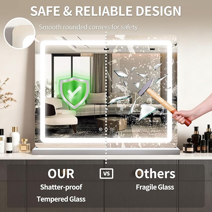 ROLOVE 23"x 18" Large Vanity Mirror with Lights, LED Makeup Mirror for Dresser and Desk, 10X Magnification, Dimmable Touch Control, Wall Mounted or Tabletop Mirror for Bedroom (White)