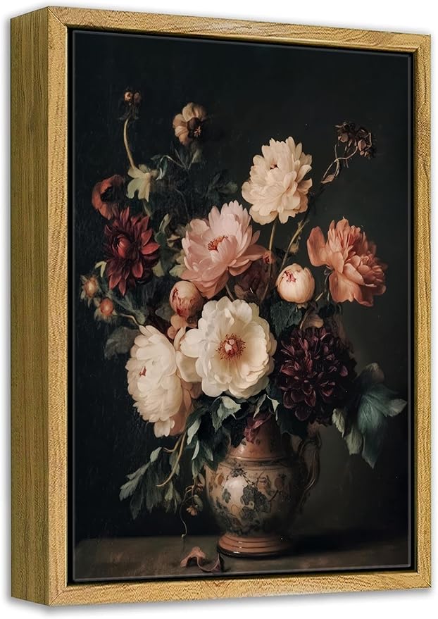 Framed Vintage Dark Floral Wall Art Moody Flower Picture Wall Decor Retro Antique Still Life Painting Print Artwork for Bedroom Bathroom Home Decoration 8x10in