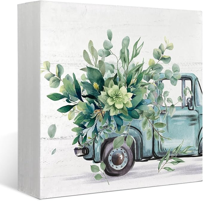Farmhouse Spring Eucalyptus Leaves Wooden Box Sign Decor, Botanical Truck Wooden Block Plaque Sign Decoration for Shelf Table Farmhouse Tiered Tray Decor, 5x5