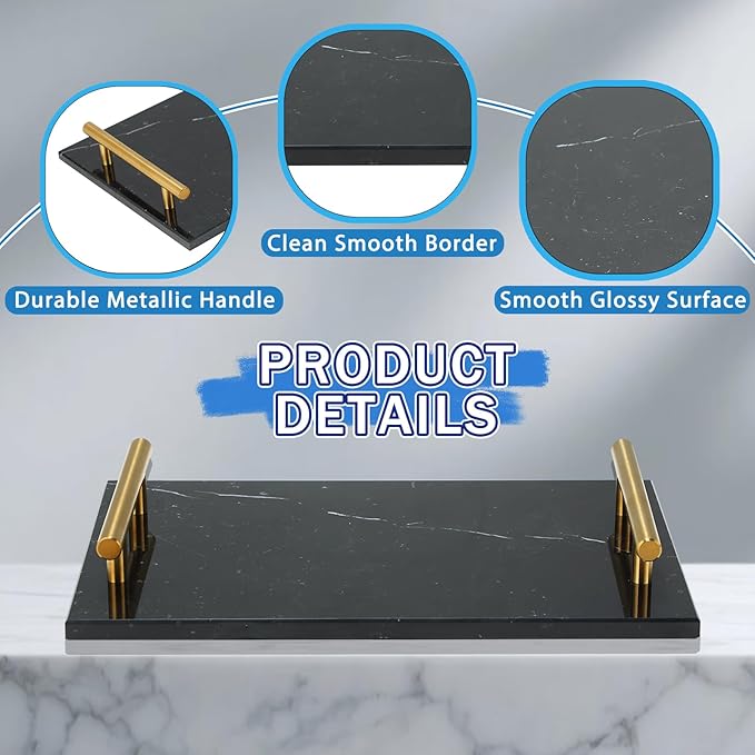 MAOPINER Marble Stone Decorative Perfume Tray with Copper Color Metal Handles, Handmade Jewellery Catchall Trinket Tray for Counter, Vanity, Dresser, Nightstand and Desk (Black)
