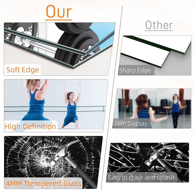 pertetey Home Gym Mirror, 2Pack 56X16 Inch Wall Mounted Large Frameless Tempered Glass Mirror, Idea for Gym, Yoga, Bedroom, Dance Studio, Living Room