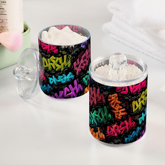 2 Pack Apothecary Jars Artistic Graffiti Font Bathroom Vanity Storage Organizer Set,Small Clear Plastic Storage Jars Bathroom Canister for Cotton Swabs, Rounds, Balls, Qtips,Makeup Sponges, Flo