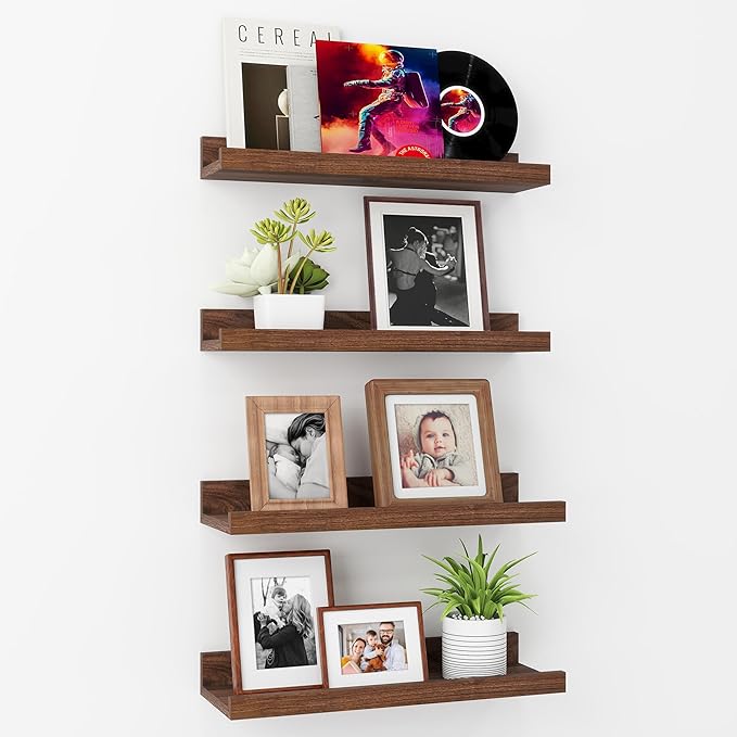 Axeman Picture Ledge Shelf | 16 Inch Walnut Floating Shelves Set of 4 | Rustic Wood Wall Shelves with Lip | 16" Picture Shelves for Wall with Ledge | Walnut Photo Shelves