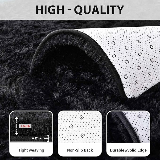 FinRèc 8x10 Feet Black Rugs for Living Room Bedroom, Fluffy Shaggy Area Rug, Non-Slip Soft Shag Rug for Nursery Kids Room Dorm Room Home Decor, Indoor Plush Floor Carpet