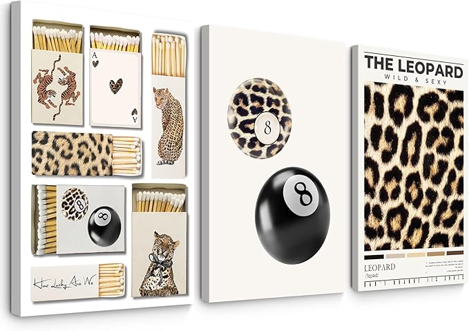 Trendy Leopard Wall Art Decor Cheetah Aesthetic Canvas Prints Preppy Cheetah Room Decor Poster Stylish Matchbox Wall Art Funky Y2k Pictures Lucky 8 Ball Artwork for Bedroom 16x24x3 Inch Wrapped Canvas