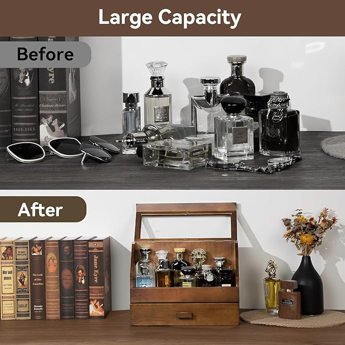 Miratino Cologne Organizer for Men - Dustproof Stand with Drawer, Wood Perfume Stand Organizer for Dresser, Large Capacity Cologne Holder Display, Great Gift for Men