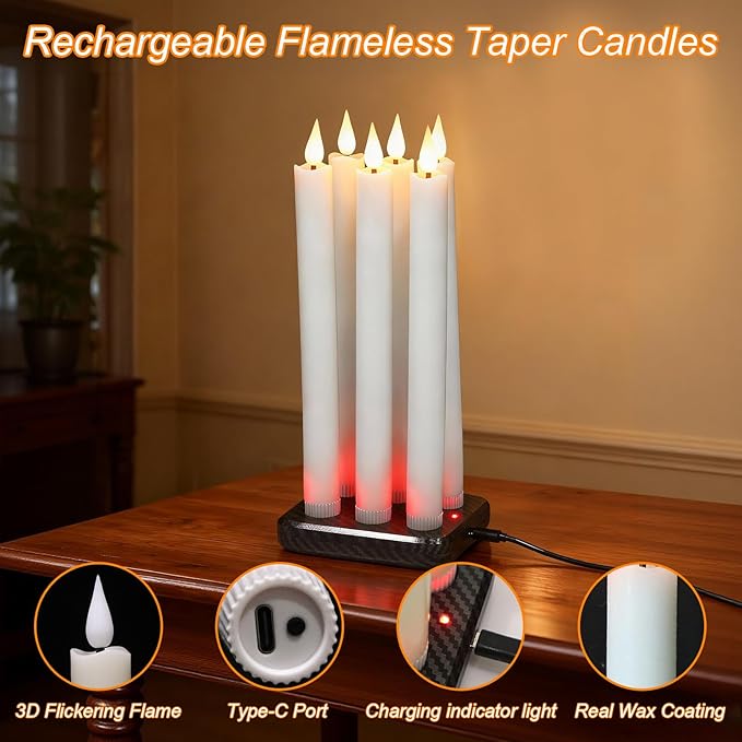 GenSwin Rechargeable Flameless Taper Candles with Charging Base, 6 Pack White LED Taper Candles Battery Operated with 2 Remote Timer, Real Wax Flameless Candlesticks for Holiday Christmas Home Decor