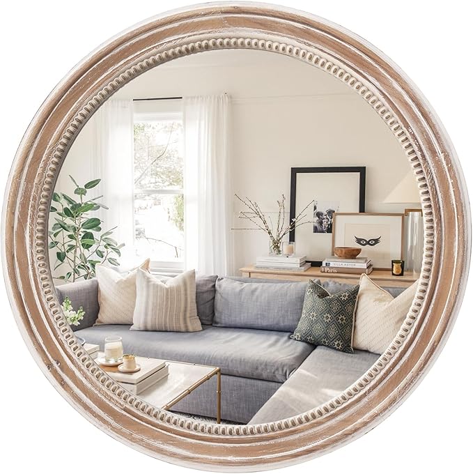 sawsile Round Wood Mirror,24 inch Circle Rustic Farmhouse Natural Wooden Frame Boho Beads Wall Mirror for Bathroom,Living Room,Bedroom or Entryway