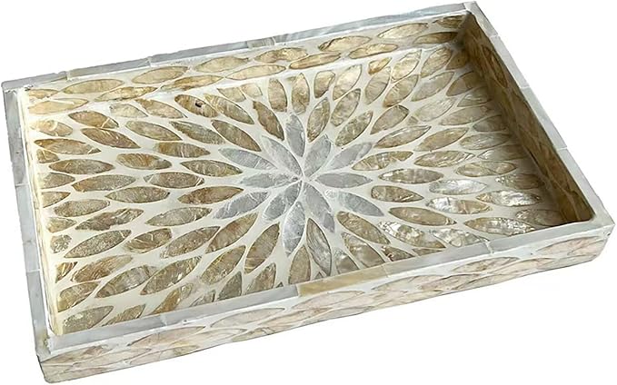 9.8In Rectangle Serving Tray with Mother of Pearl for Breakfast in Bed Tray Ottoman for Living Room Decorative Trays for Coffee Table Handmade Eating Trays for Bathroom Kitchen