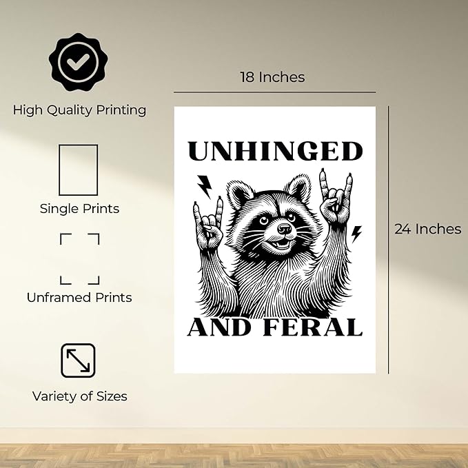 InkFlow Posters Feral Raccoon Fun Poster - Wildlife Illustration - Playful Animal Design - Home Wall Decor Accent - Gift for Humor Lovers - 18x24 Unframed Canvas Print