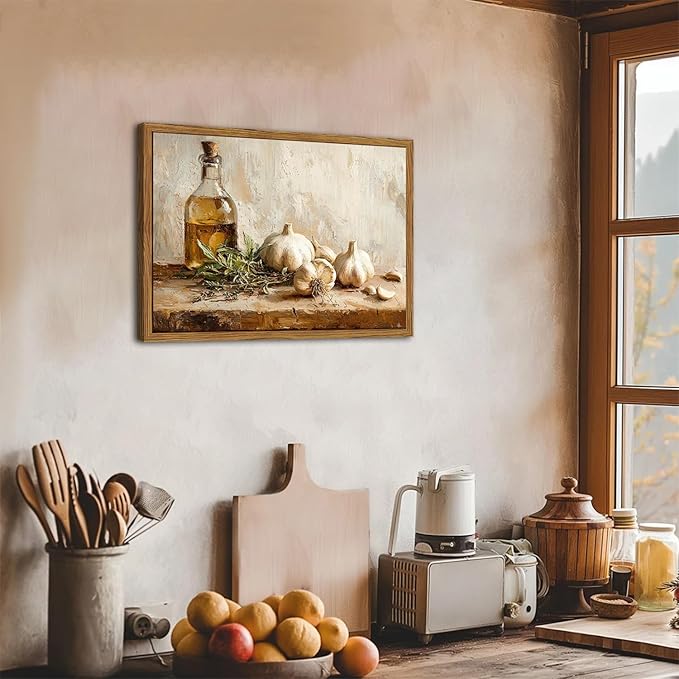 Framed Vintage Kitchen Canvas Wall Art, Rustic Garlic and Herbs Pictures Wall Decor, Neutral Still Life Paintings Prints Aesthetic Home Decor for Farmhouse Dining Room Living Room 12x16 inch