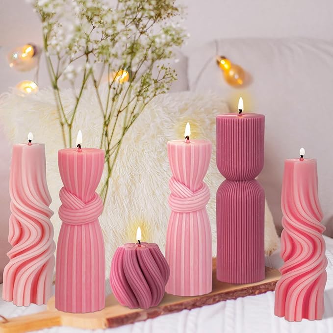 Threlaco 6 Pcs Pink Pillar Candles Decorative Modern Aesthetic Ribbed Candle Set Cute Soy Wax Scented Ribbed Decor Valentine's Commemorative Gift for Home Decoration(2.36-6.69 Inch)