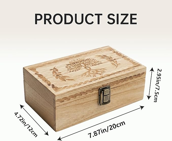 Keepsake Box 7.8" Vintage Wooden Box with Hinged Lid - Decorative Small Memory Chest for Women & Girls, Wooden Jewelry Box with Hand-Engraved Tree of Life